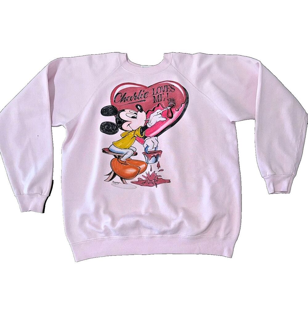 Vintage Hanes Minnie Mouse Charlie Loves Me Sweatshirt Pink USA L Disney 90s